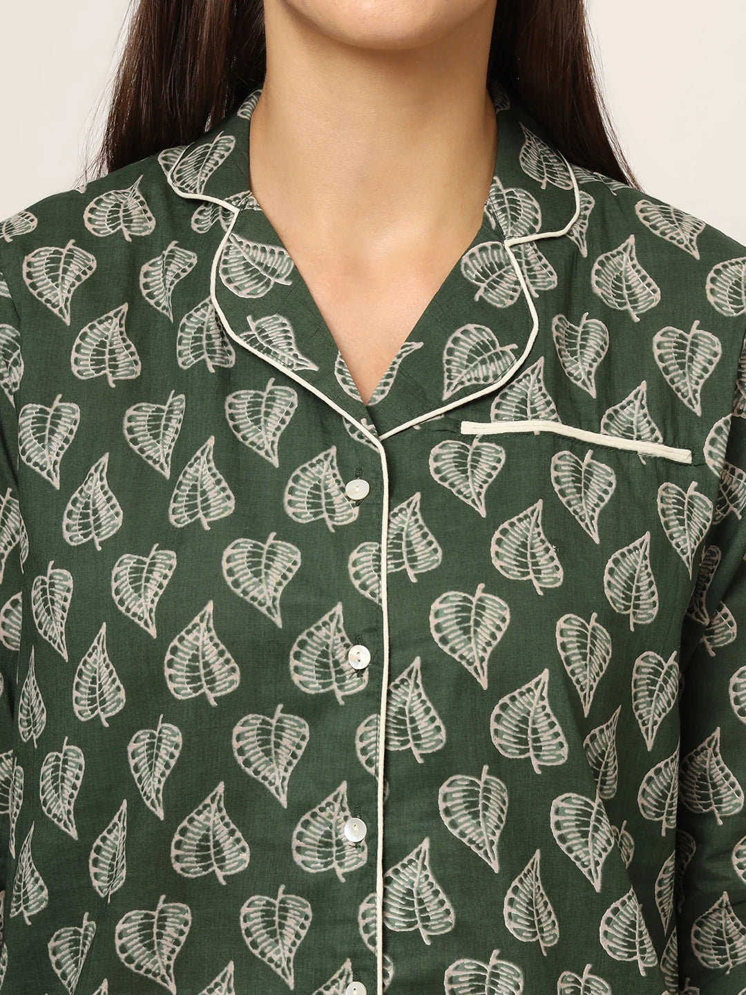 100% Cotton Green Leaf Printed Full Length Night Suit
