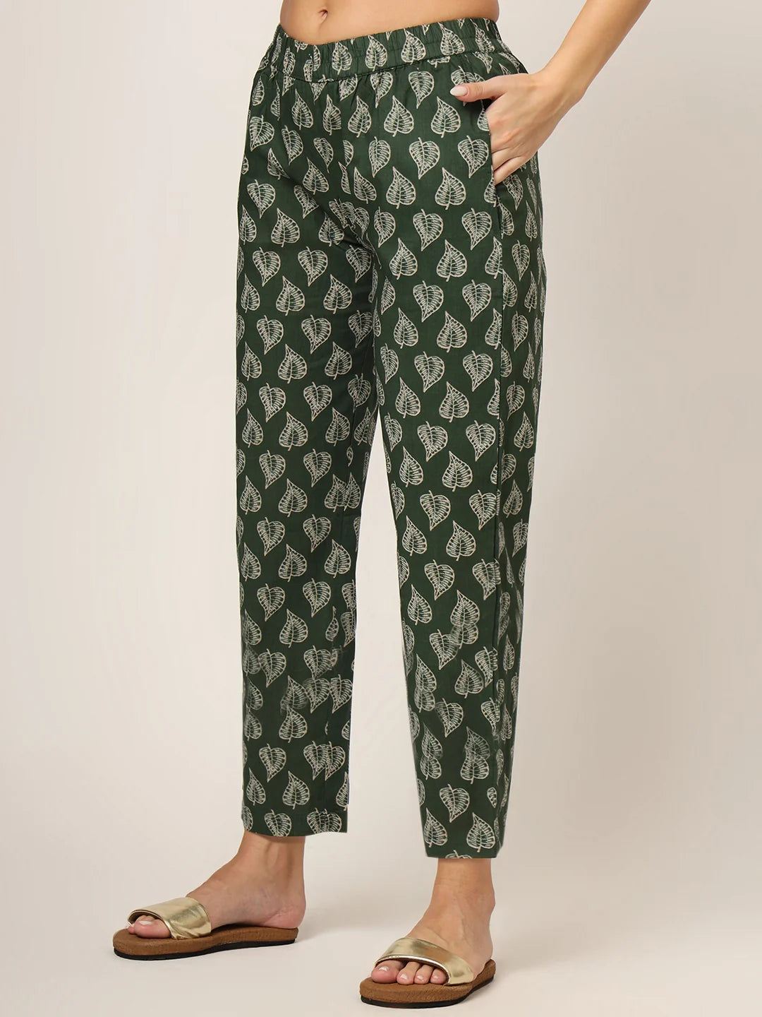 100% Cotton Green Leaf Printed Full Length Night Suit