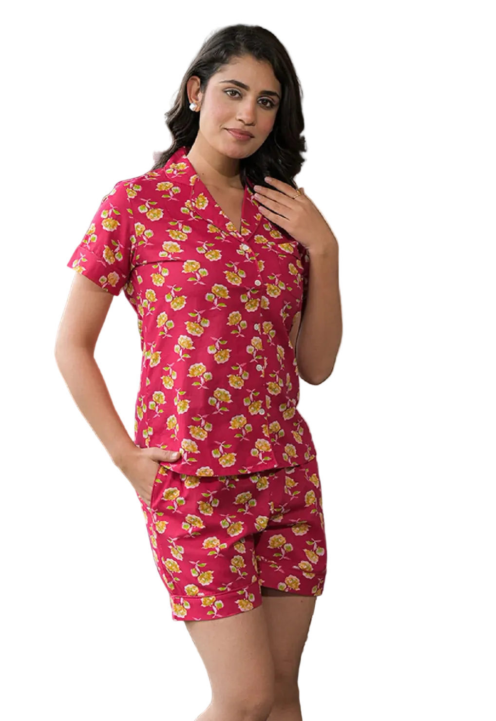 AAVINYAA 100% Cotton Pink Floral Night Suit for Comfort