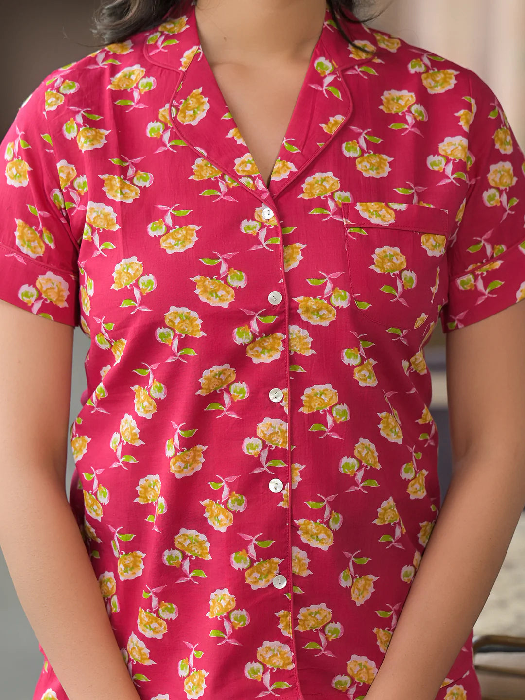 AAVINYAA 100% Cotton Pink Floral Night Suit for Comfort