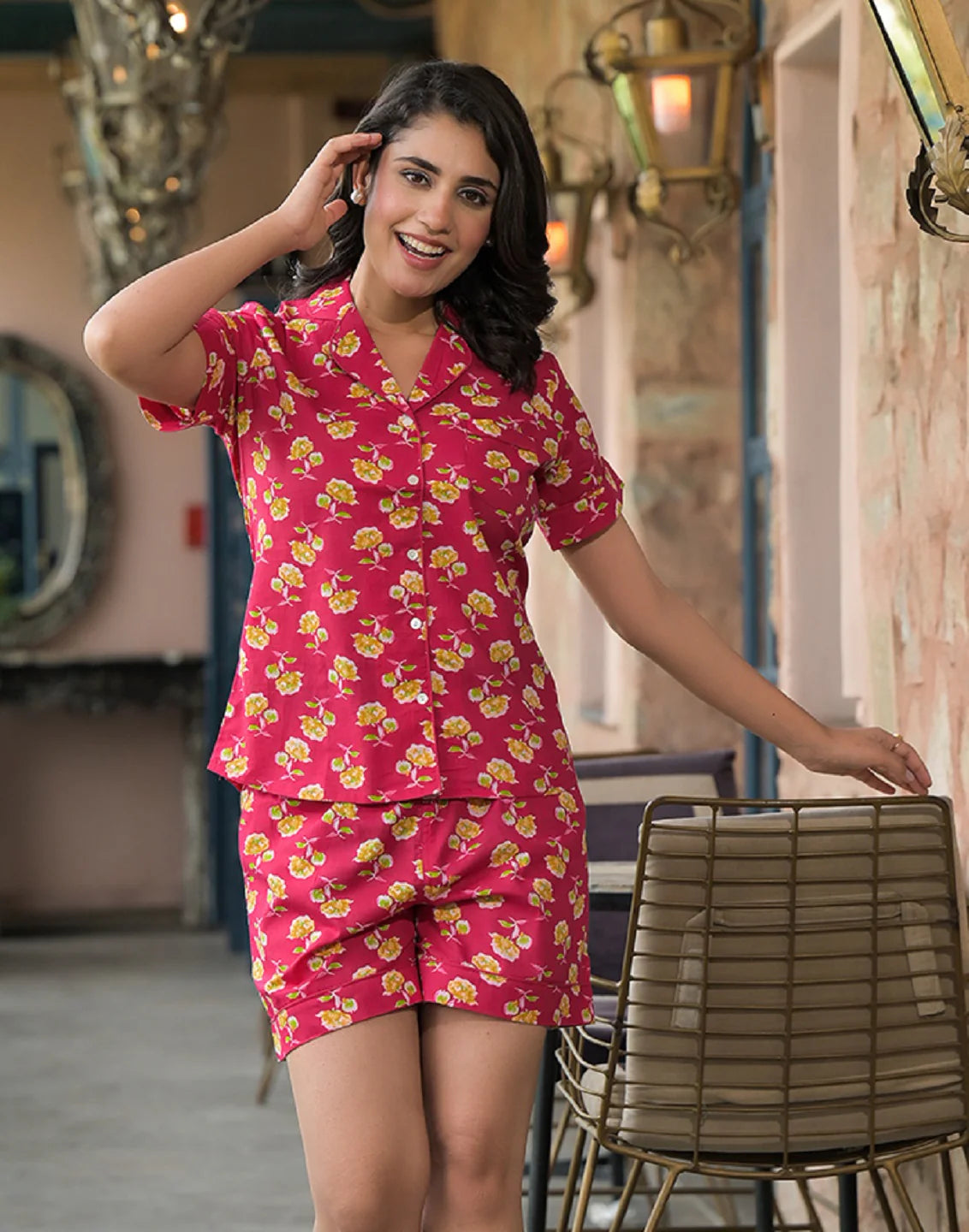 AAVINYAA 100% Cotton Pink Floral Night Suit for Comfort