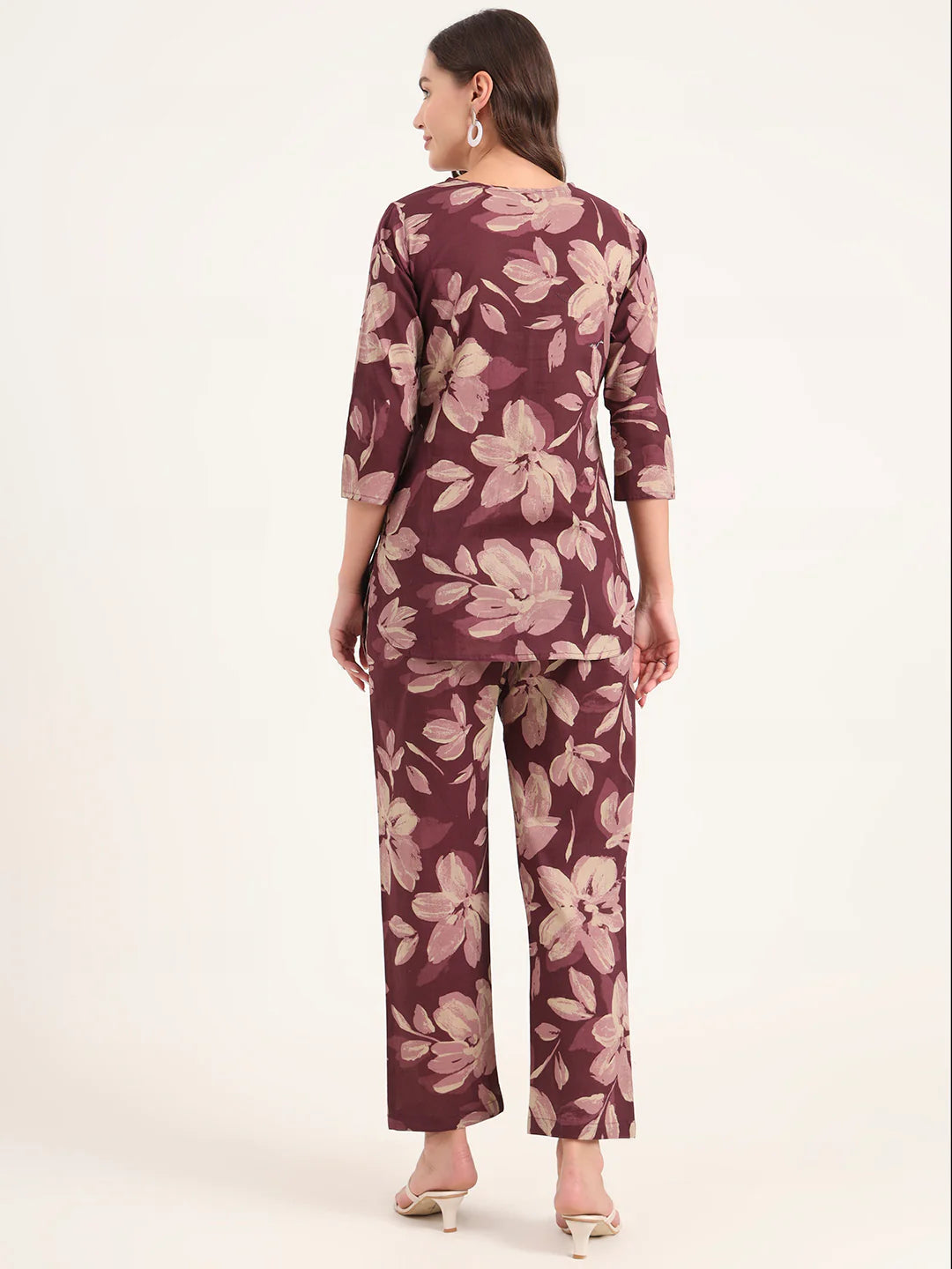 100% Cotton Wine Floral Top & Pants Co-ord Set for Women
