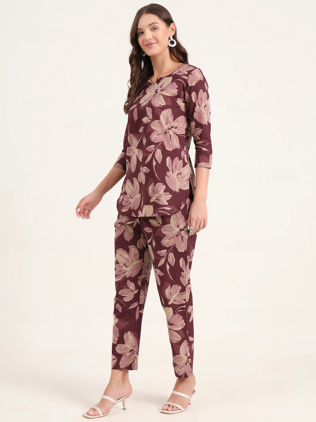 100% Cotton Wine Floral Top & Pants Co-ord Set for Women