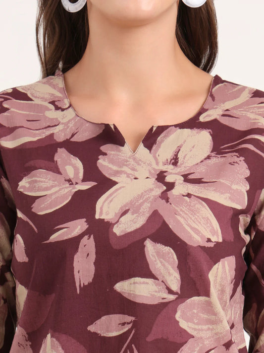 100% Cotton Wine Floral Top & Pants Co-ord Set for Women