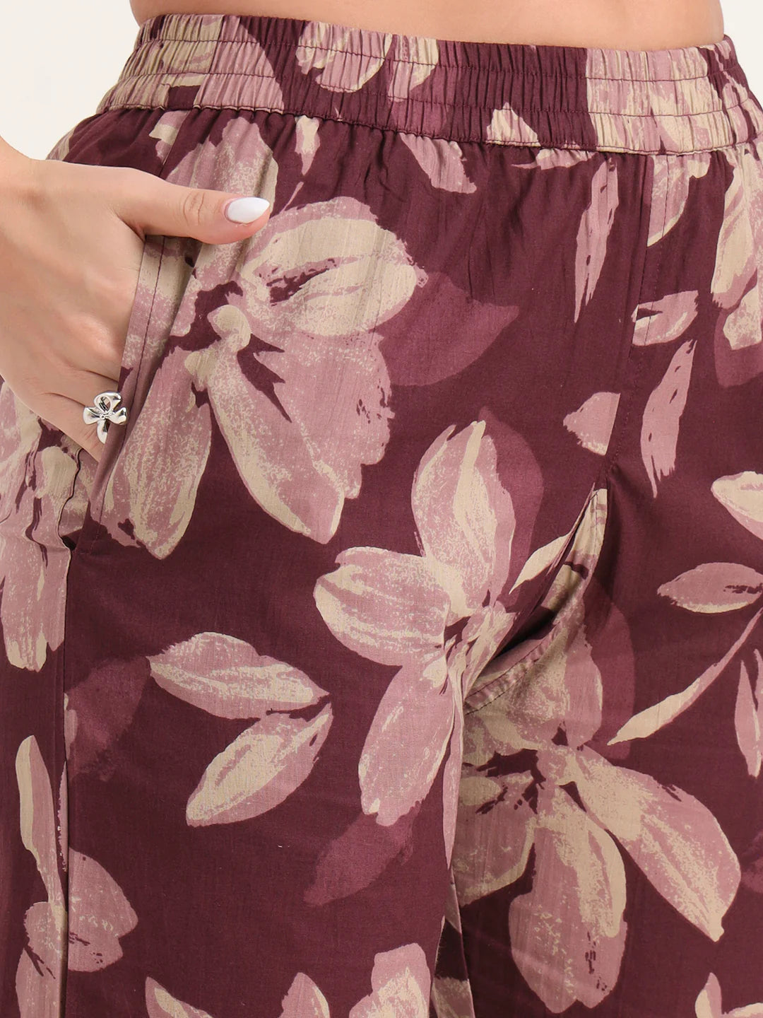 100% Cotton Wine Floral Top & Pants Co-ord Set for Women