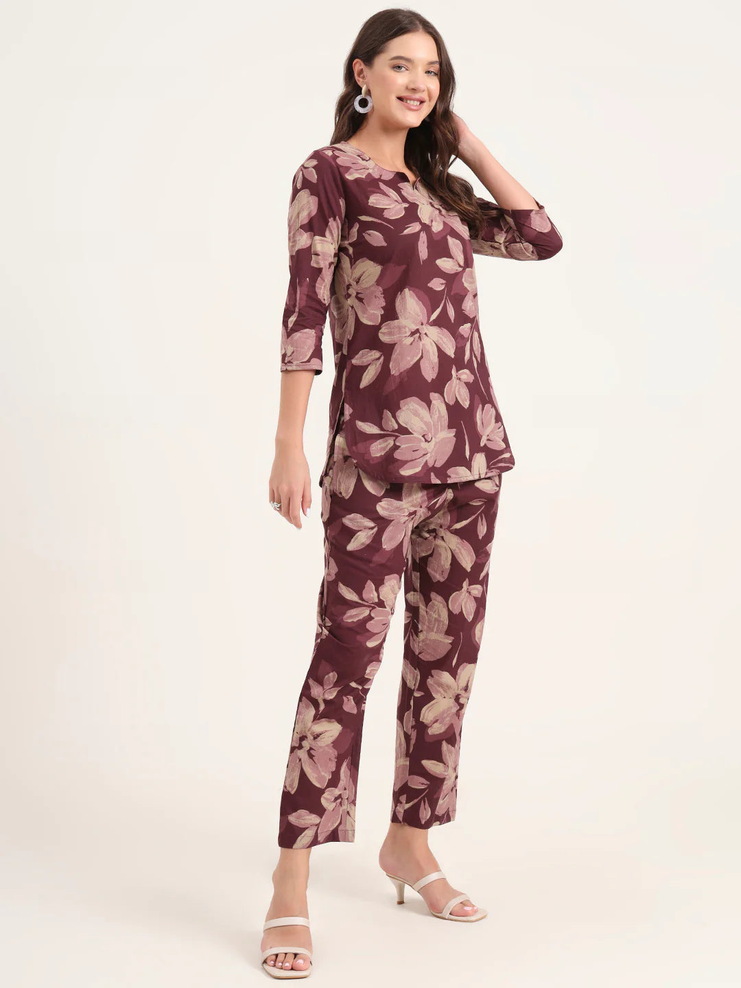 100% Cotton Wine Floral Top & Pants Co-ord Set for Women