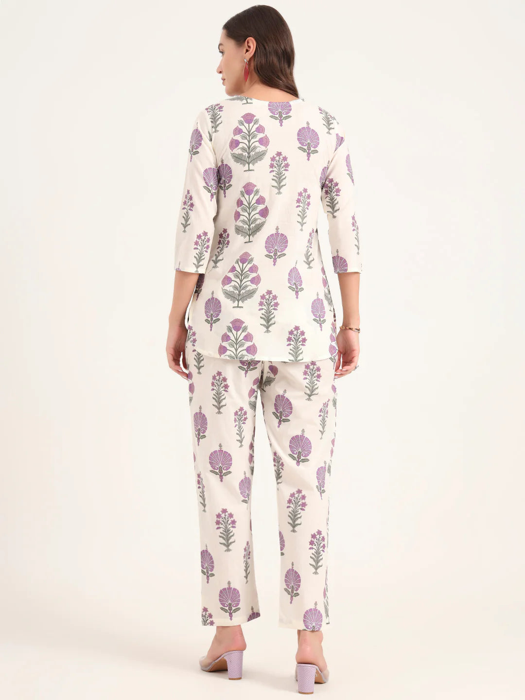 100% Cotton Lavender Floral Top & Pants Co-ord Set for Women