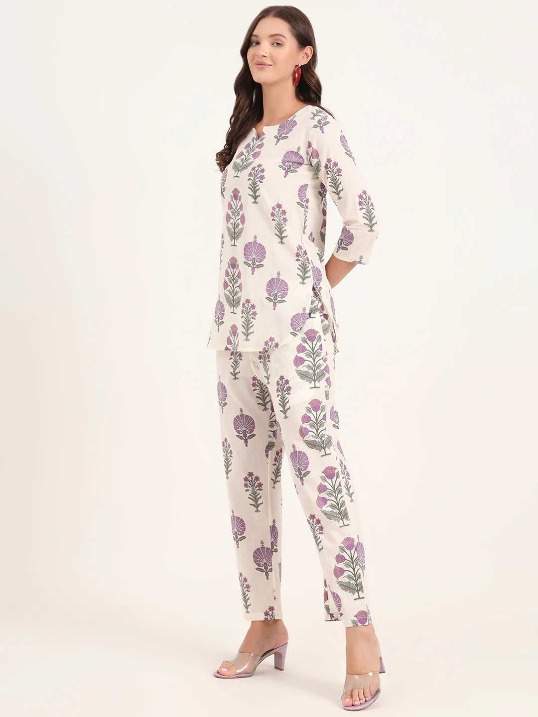 100% Cotton Lavender Floral Top & Pants Co-ord Set for Women