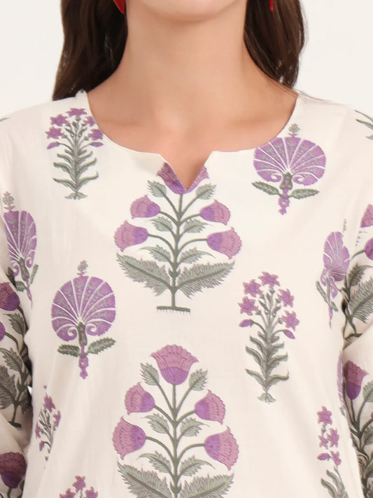 100% Cotton Lavender Floral Top & Pants Co-ord Set for Women