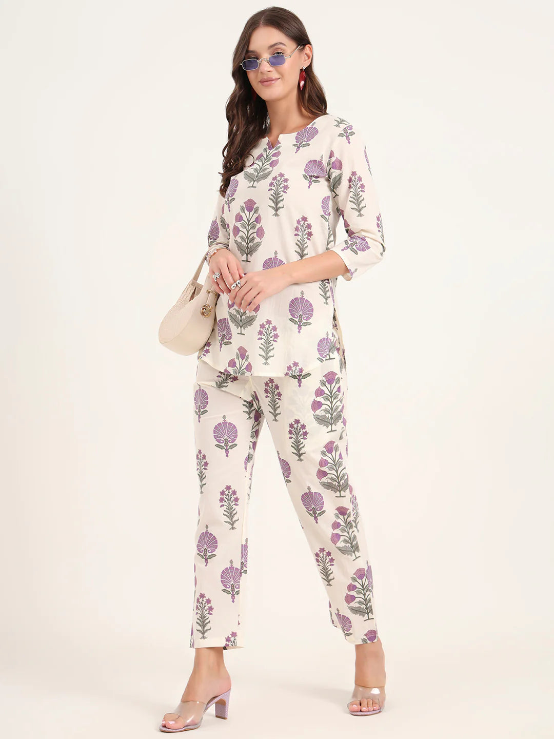 100% Cotton Lavender Floral Top & Pants Co-ord Set for Women