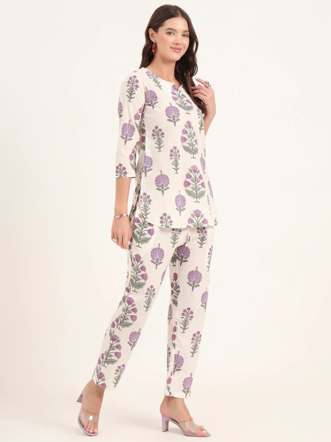 100% Cotton Lavender Floral Top & Pants Co-ord Set for Women