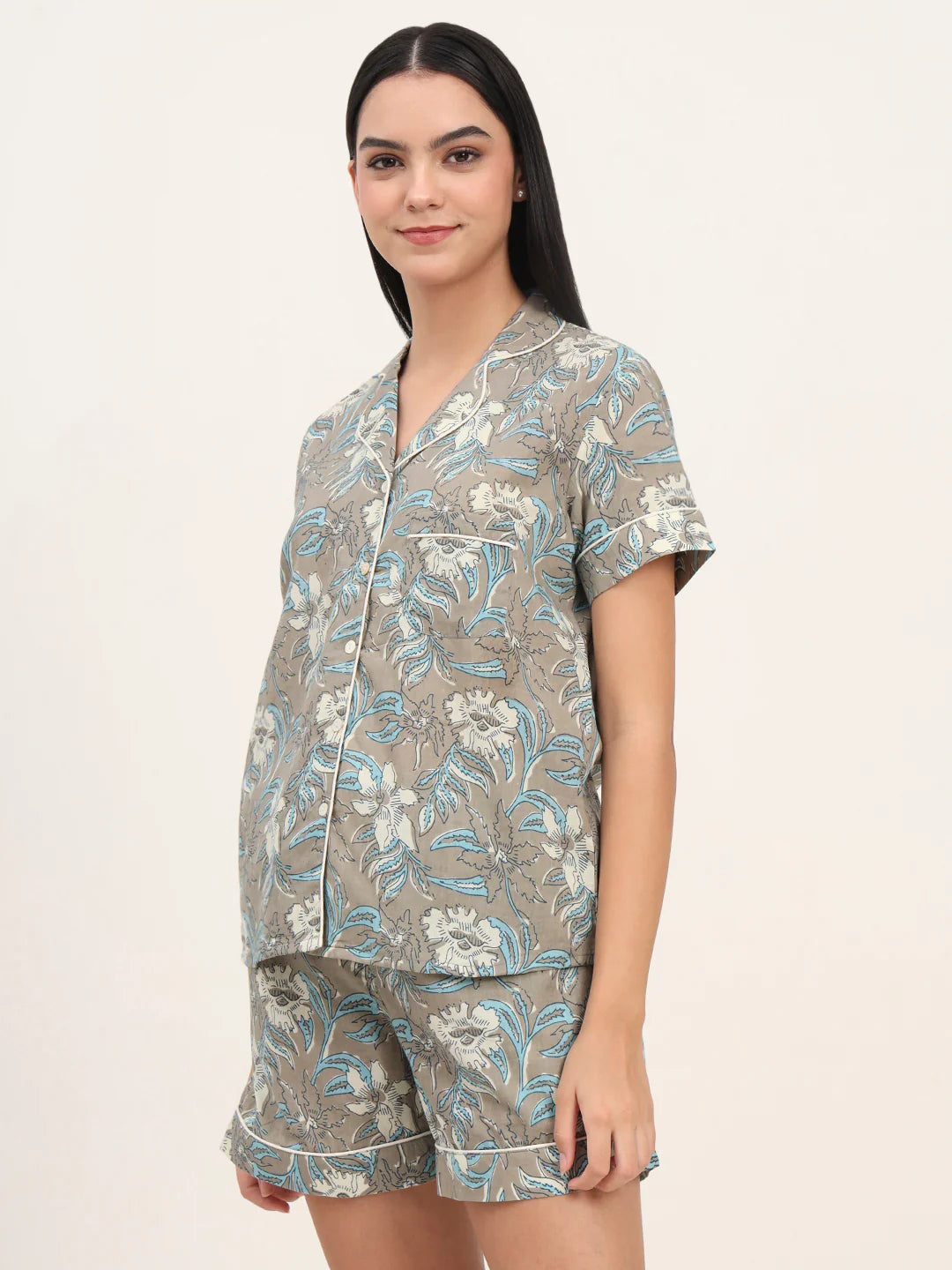 100% Cotton Grey Floral Night Suit for Everyday Comfort