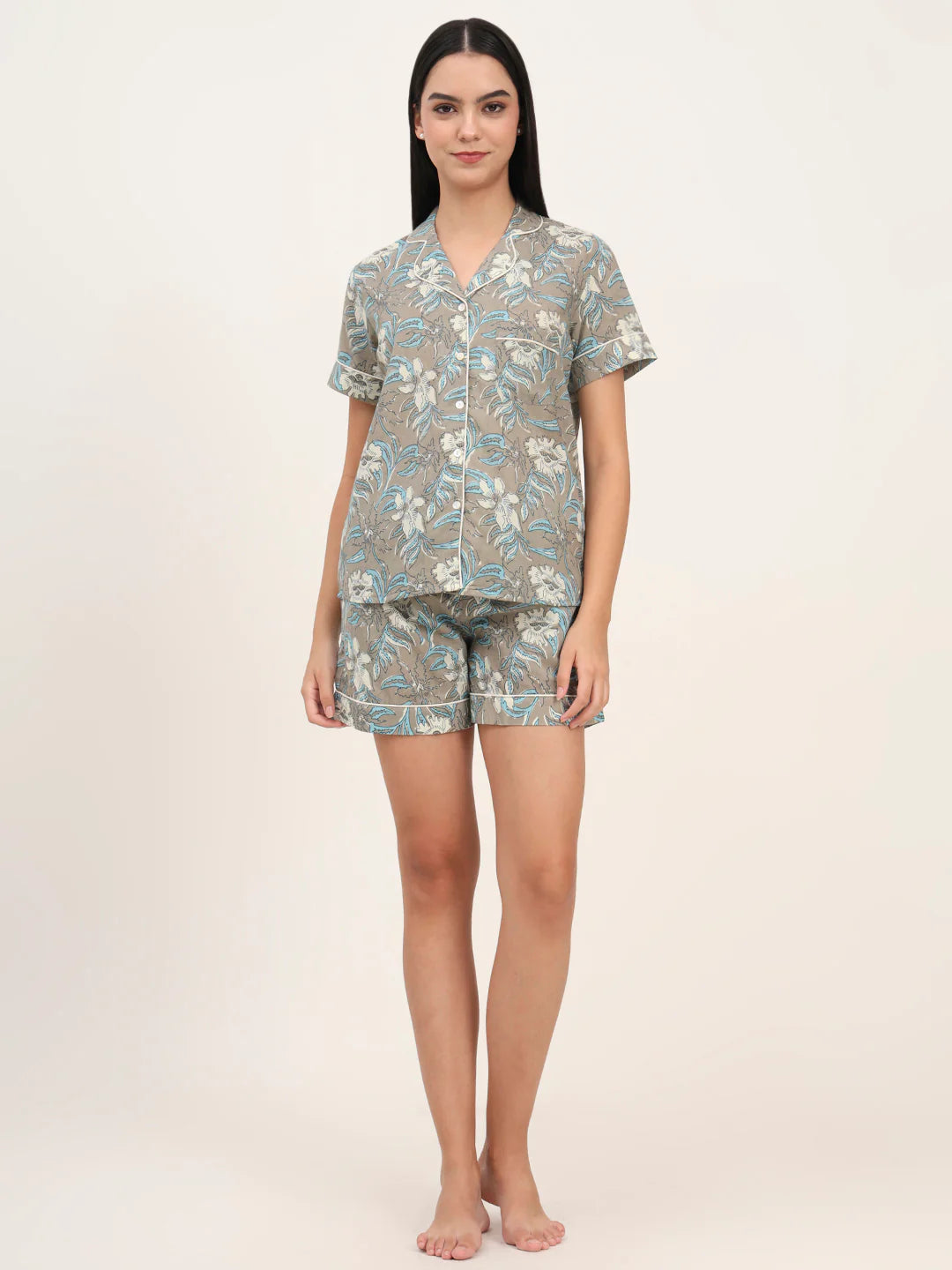 100% Cotton Grey Floral Night Suit for Everyday Comfort