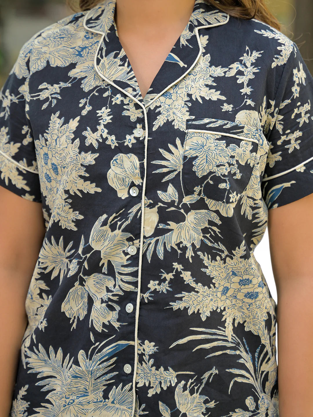 100% Cotton Black Floral Shirt & Shorts Night Set for Women