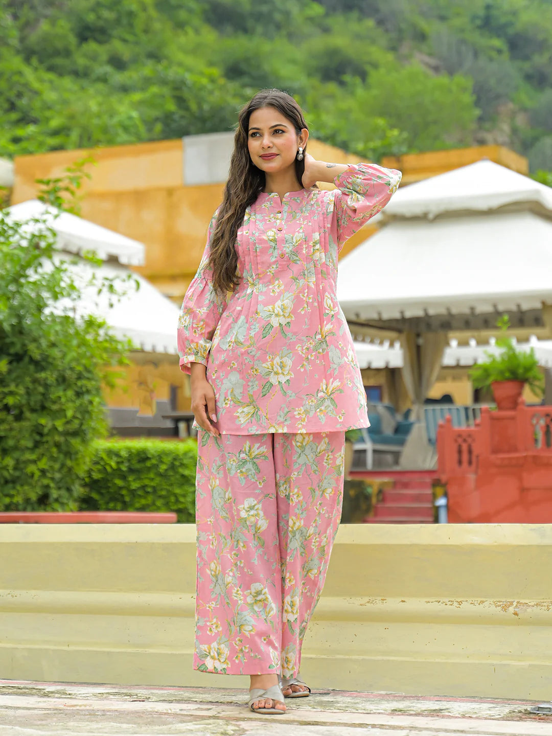 100% Cotton Blush Floral Kurta & Pants Co-ord Set for Women