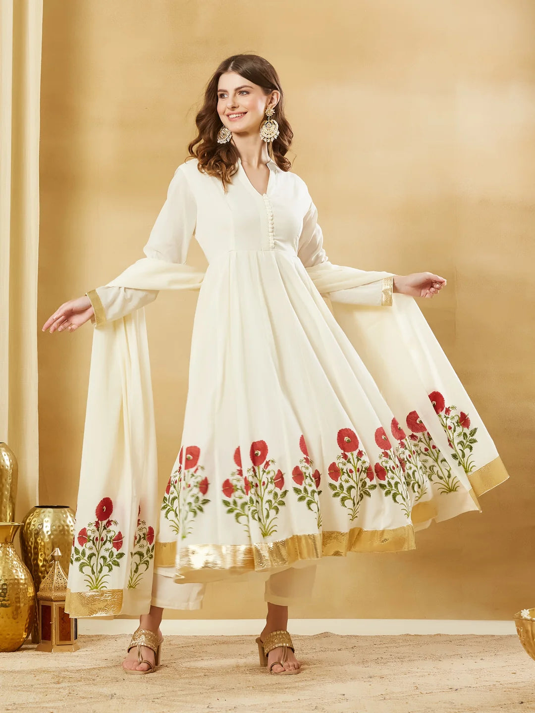 Off White Floral Printed Anarkali Kurta Set with Dupatta