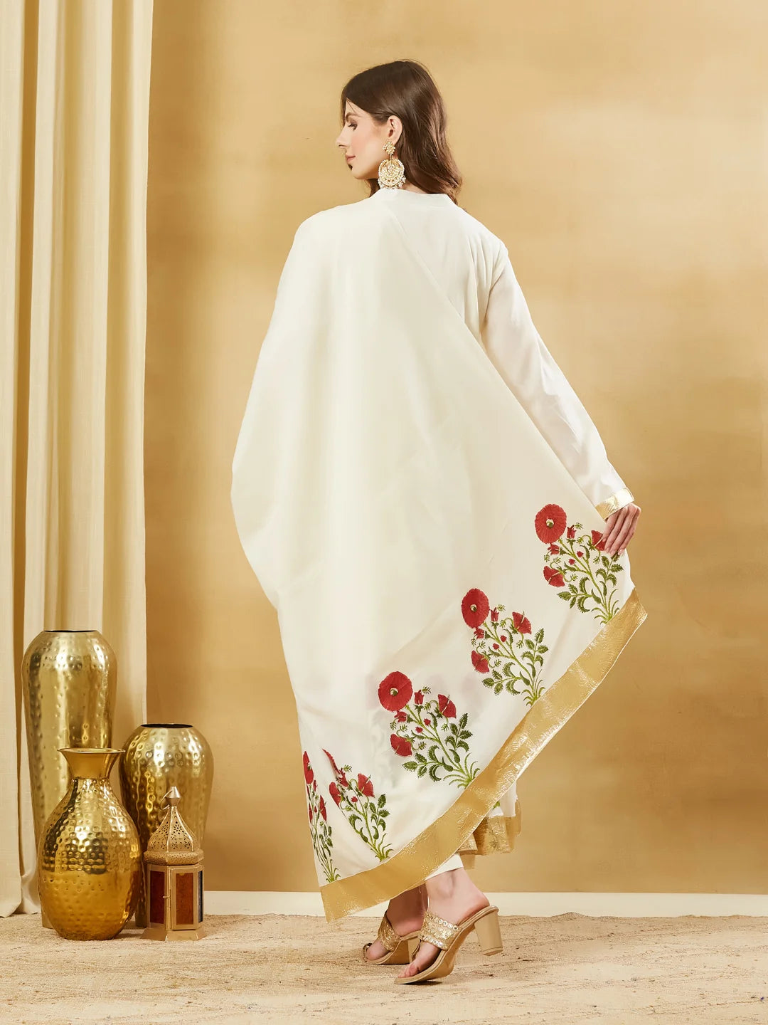 Off White Floral Printed Anarkali Kurta Set with Dupatta