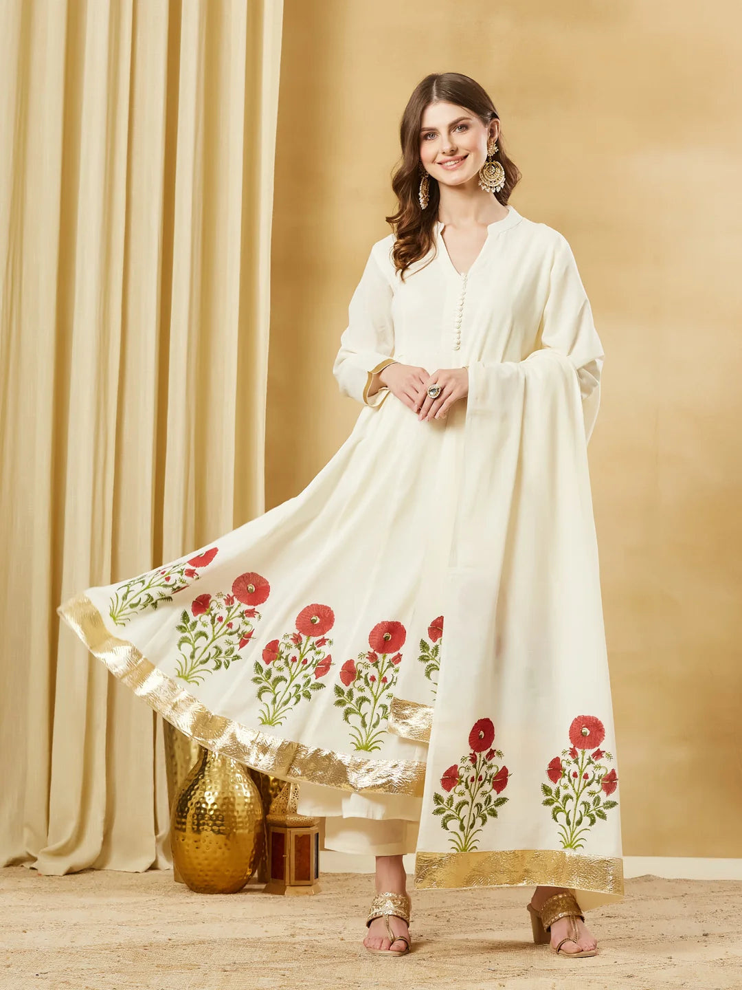 Off White Floral Printed Anarkali Kurta Set with Dupatta