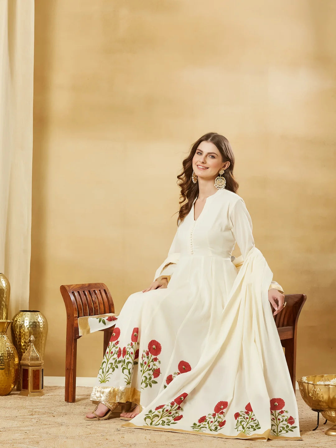 Off White Floral Printed Anarkali Kurta Set with Dupatta