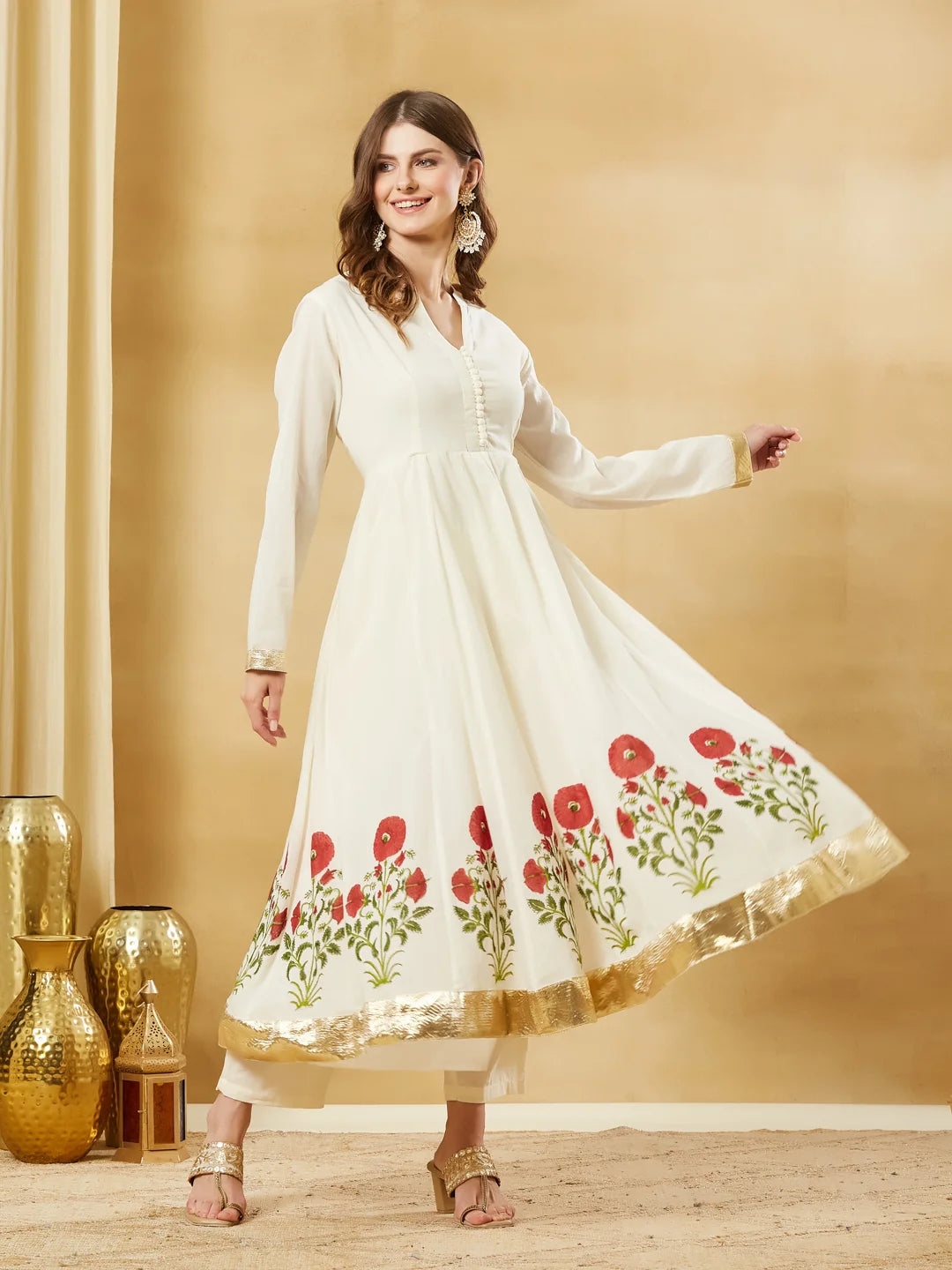 Off White Floral Printed Anarkali Kurta Set with Dupatta