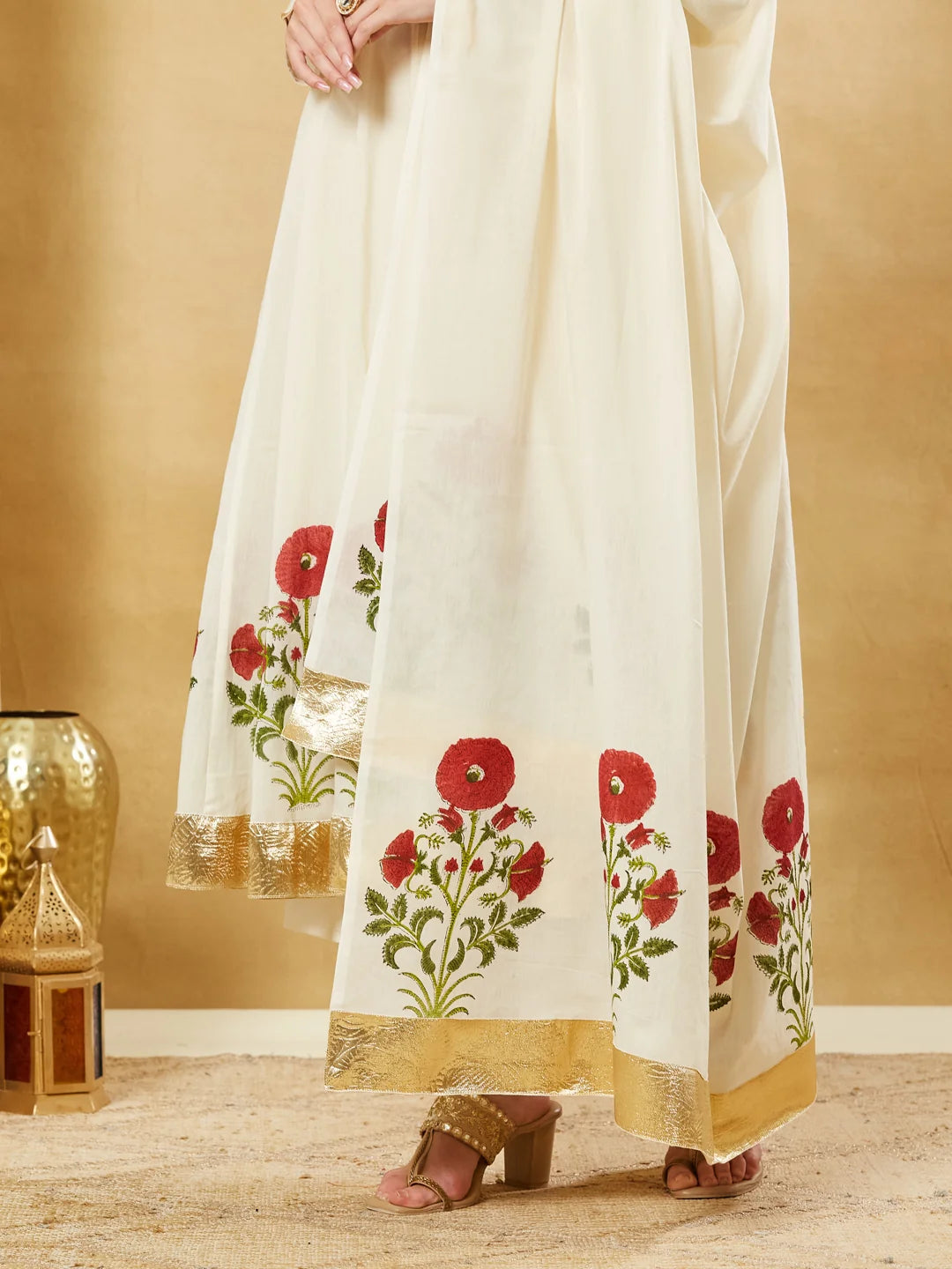Off White Floral Printed Anarkali Kurta Set with Dupatta