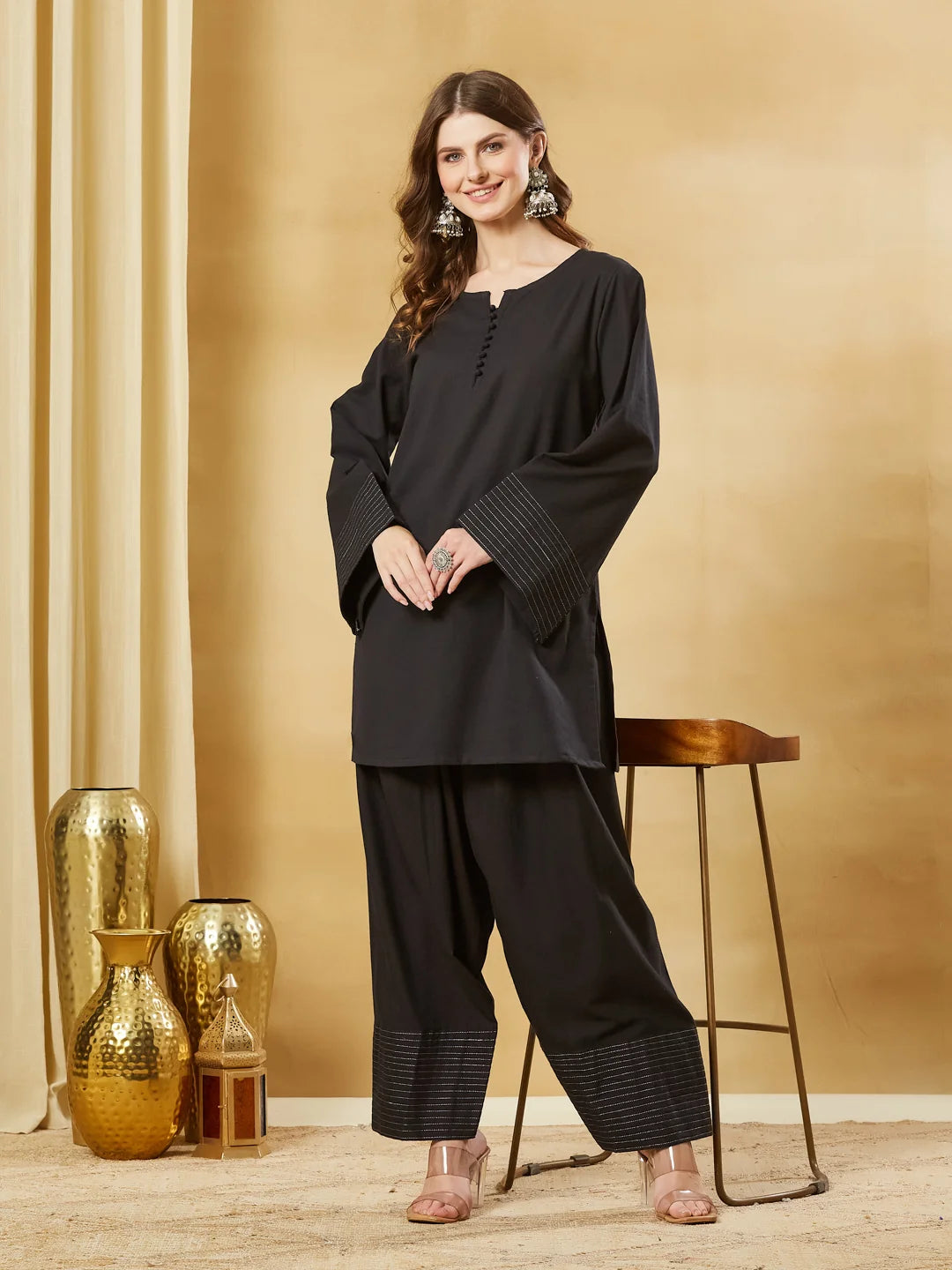 Aavinyaa Solid Black Farshi Suit Set for Women