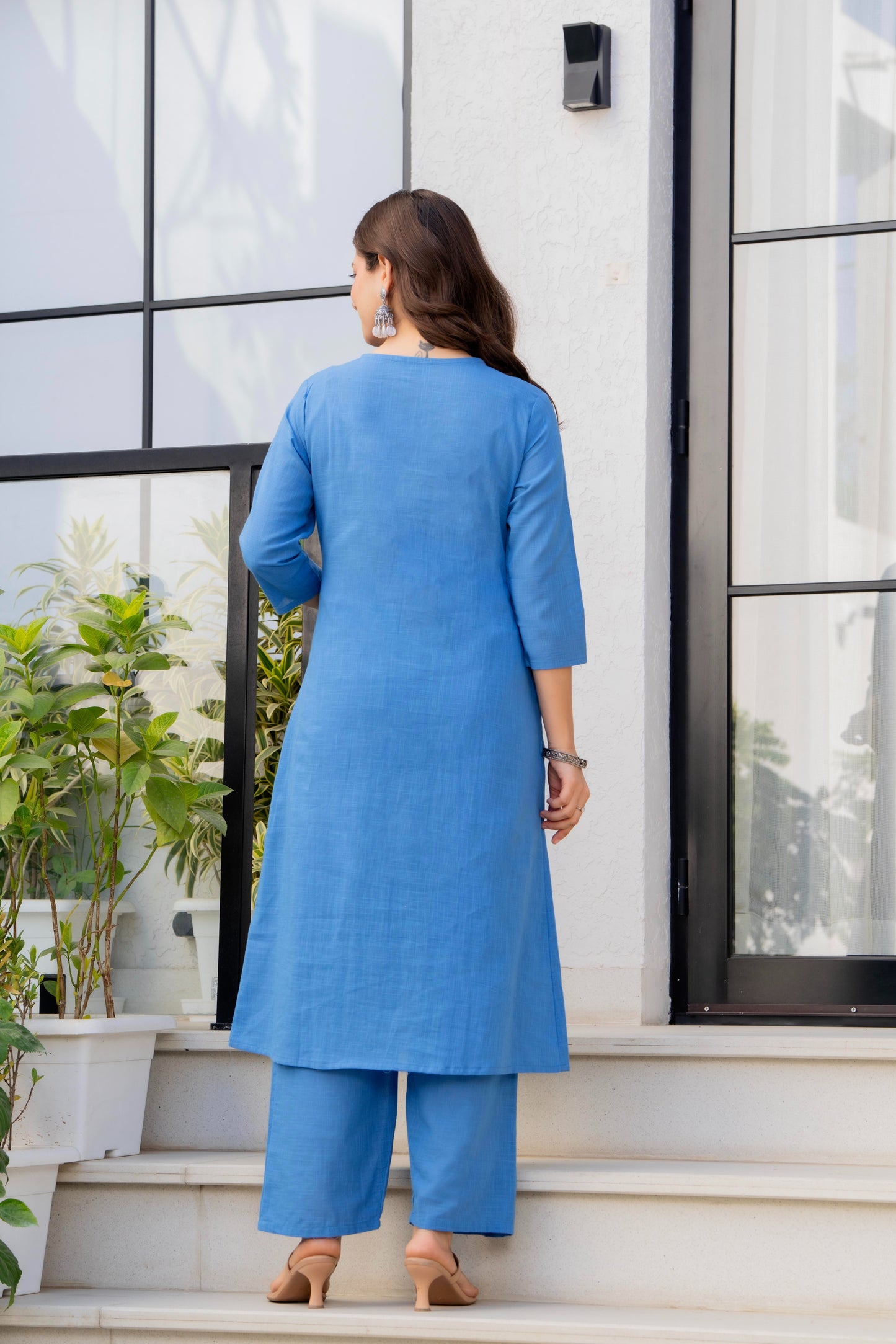 Sky Blue Cotton Kurta Pant Co-Ord Set with Mirror Work & Pockets