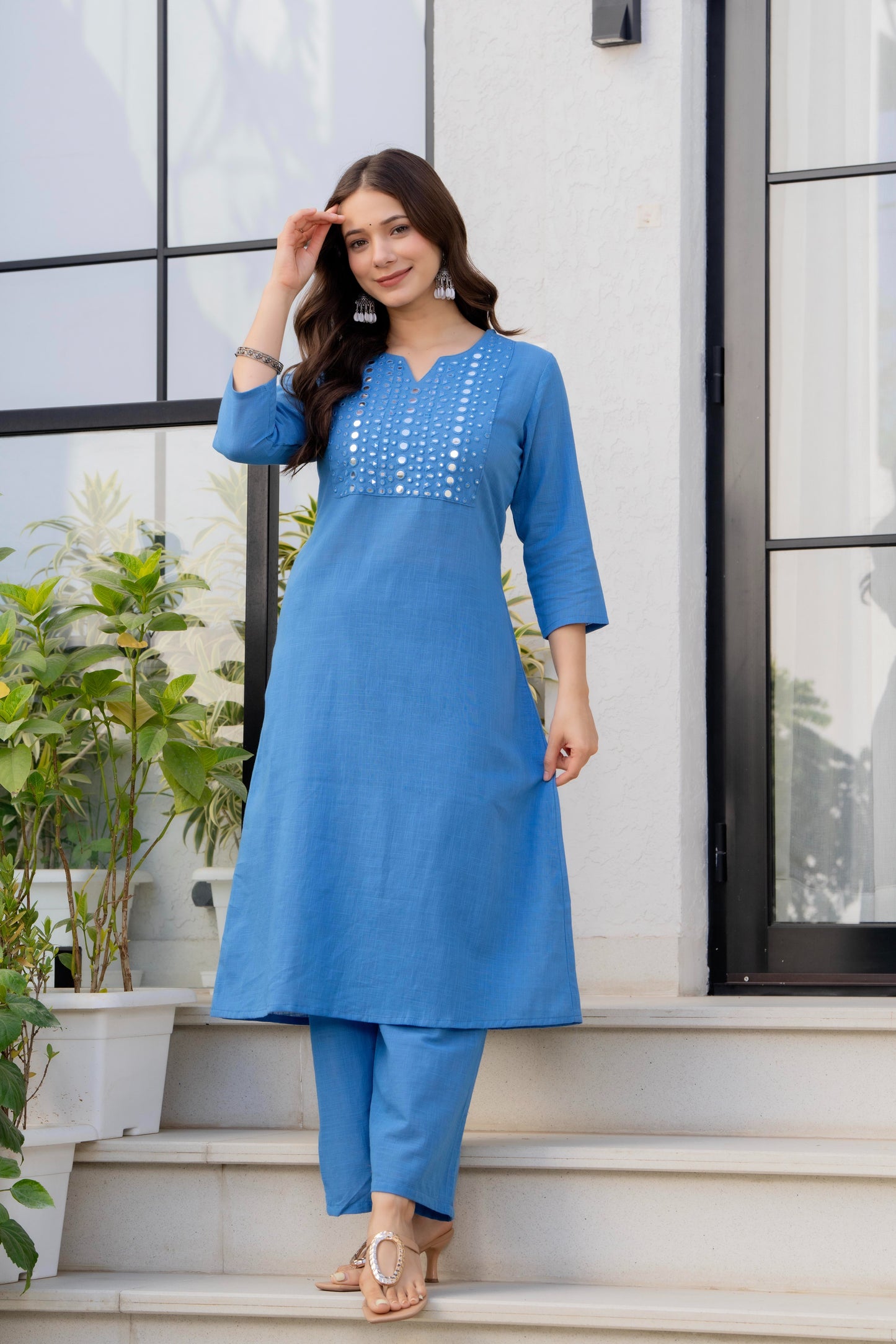 Sky Blue Cotton Kurta Pant Co-Ord Set with Mirror Work & Pockets