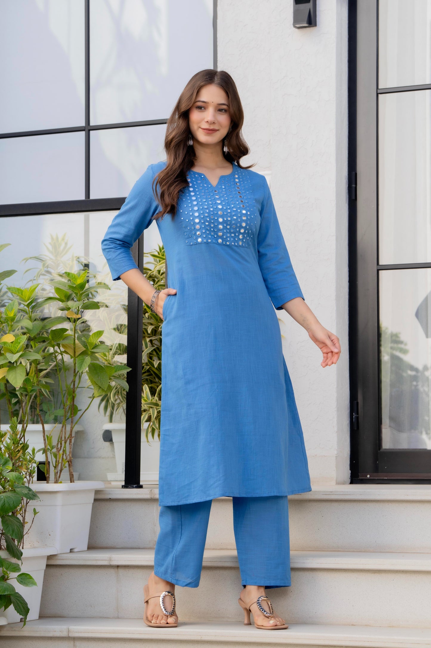 Sky Blue Cotton Kurta Pant Co-Ord Set with Mirror Work & Pockets