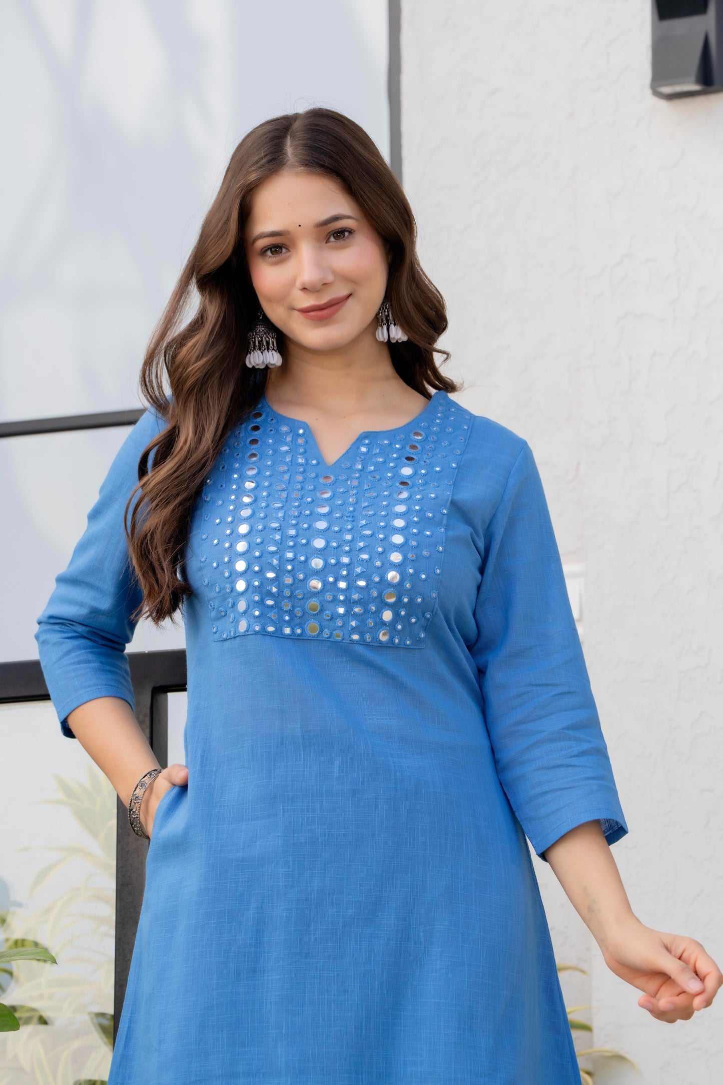 Sky Blue Cotton Kurta Pant Co-Ord Set with Mirror Work & Pockets