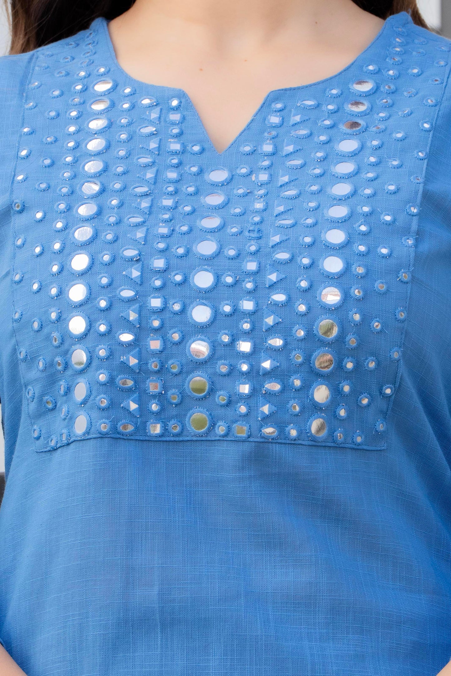 Sky Blue Cotton Kurta Pant Co-Ord Set with Mirror Work & Pockets