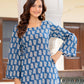 Blue Hand Block Printed Cotton Short Kurti with Back Tie