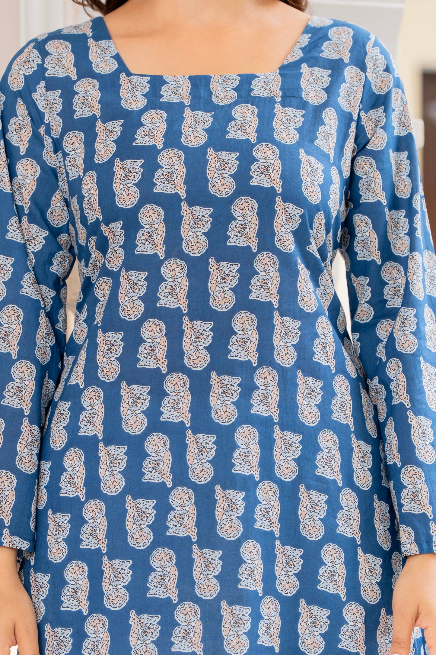 Blue Hand Block Printed Cotton Short Kurti with Back Tie