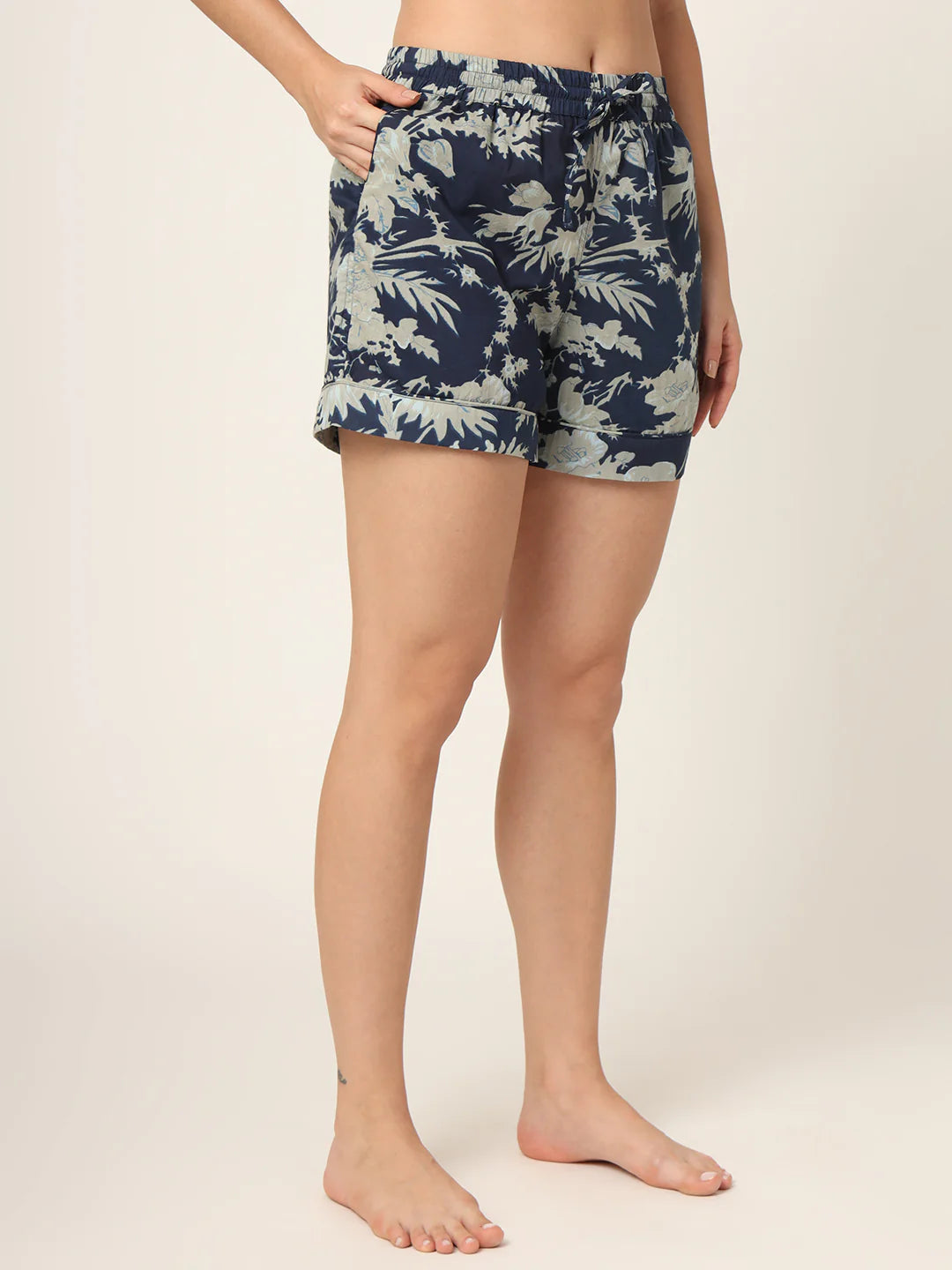 100% Cotton Navy Floral Shirt & Shorts Night Set for Women