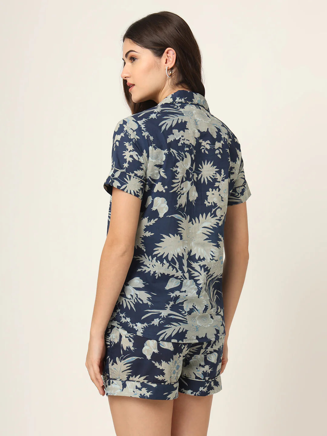 100% Cotton Navy Floral Shirt & Shorts Night Set for Women