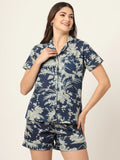 100% Cotton Navy Floral Shirt & Shorts Night Set for Women