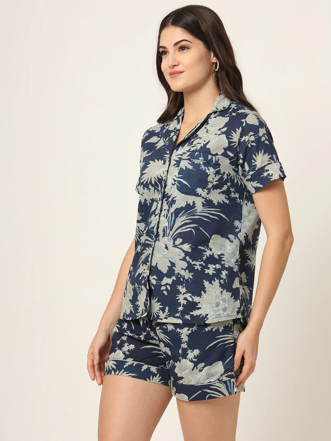 100% Cotton Navy Floral Shirt & Shorts Night Set for Women
