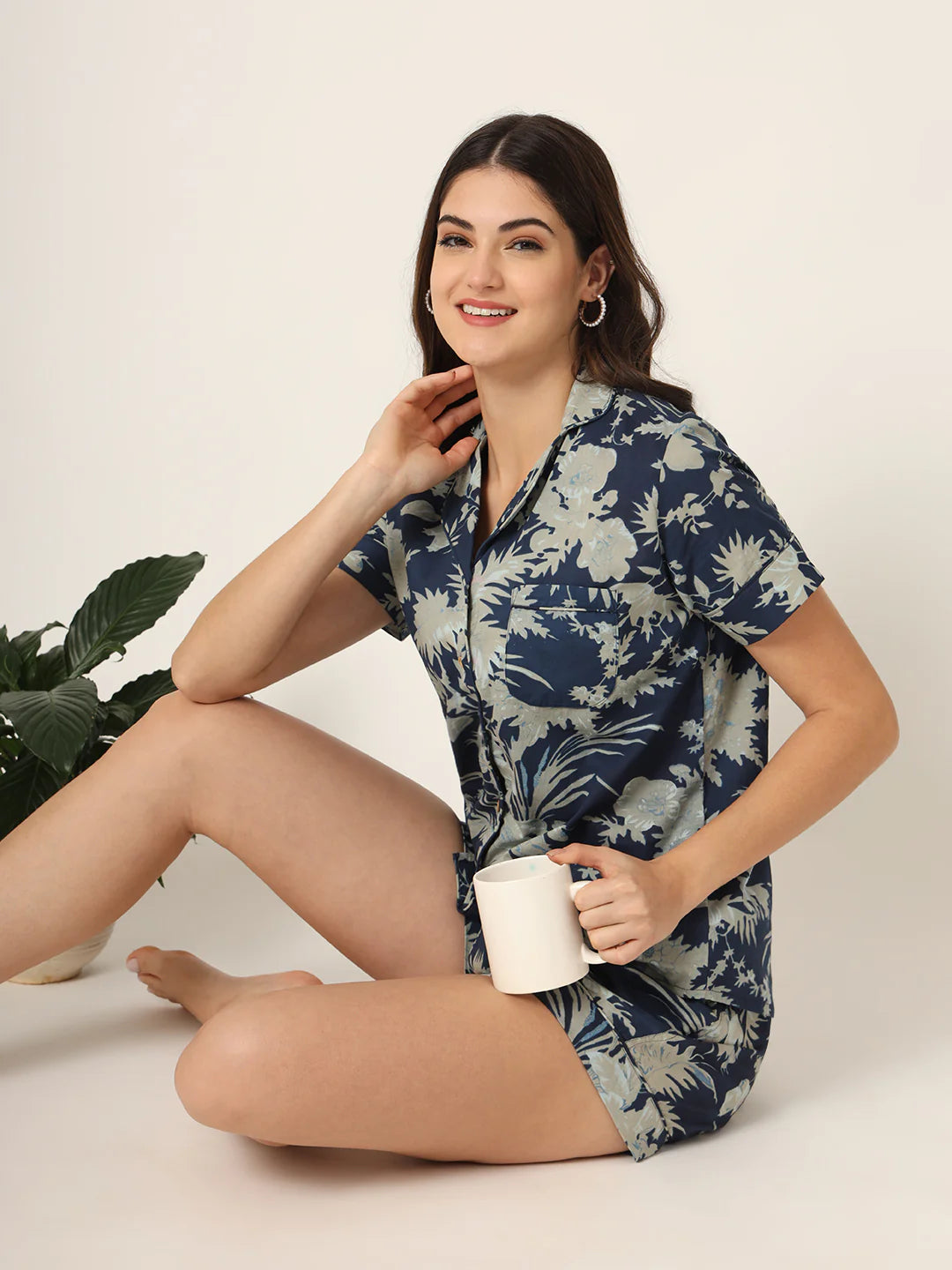 100% Cotton Navy Floral Shirt & Shorts Night Set for Women