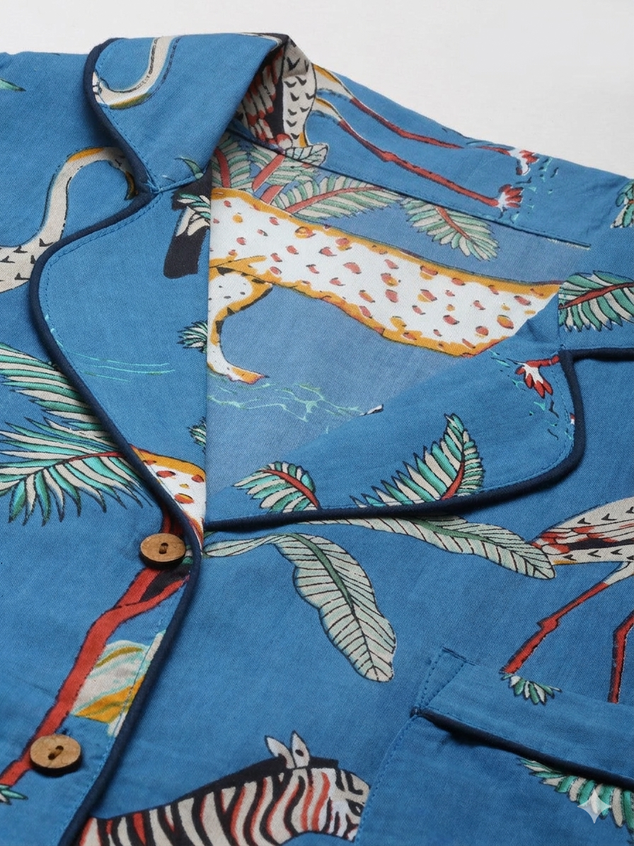 100% Cotton Blue Printed Shirt & Shorts Night Set for Women