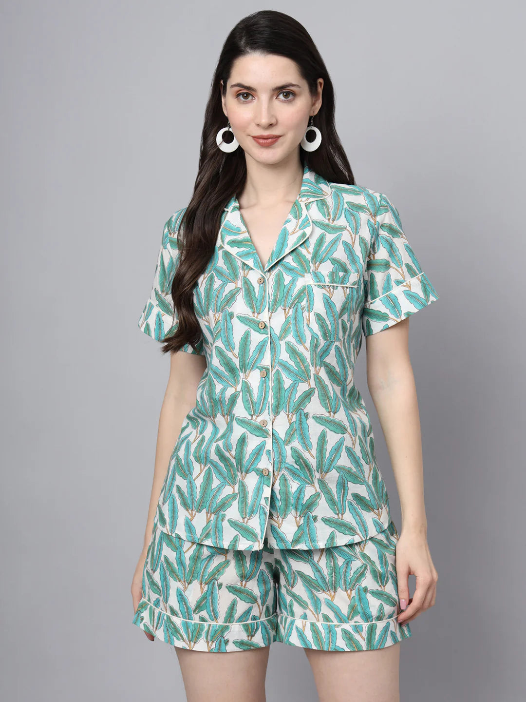 100% Cotton Mint Printed Shirt & Shorts Night Set for Women