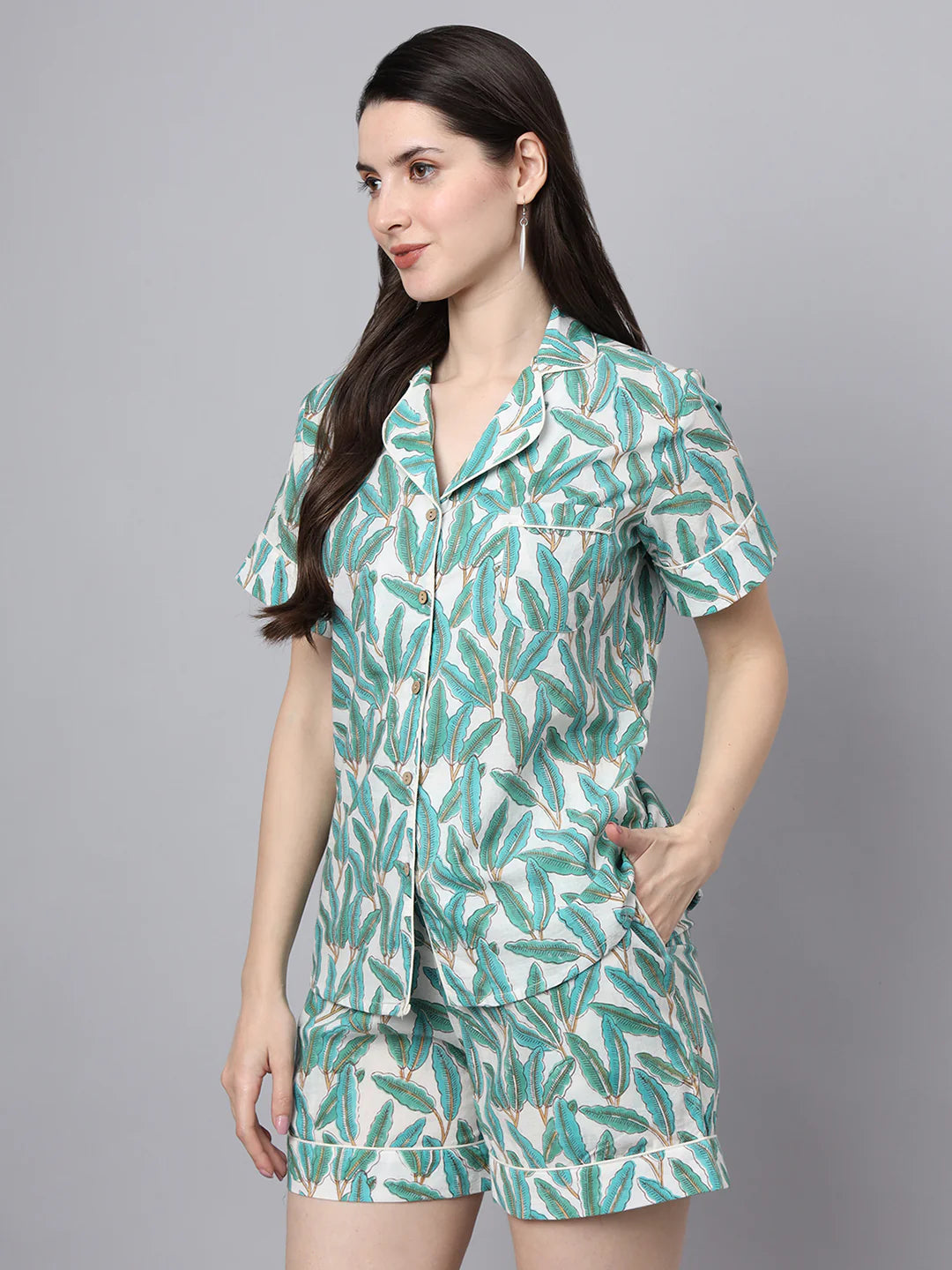 100% Cotton Mint Printed Shirt & Shorts Night Set for Women