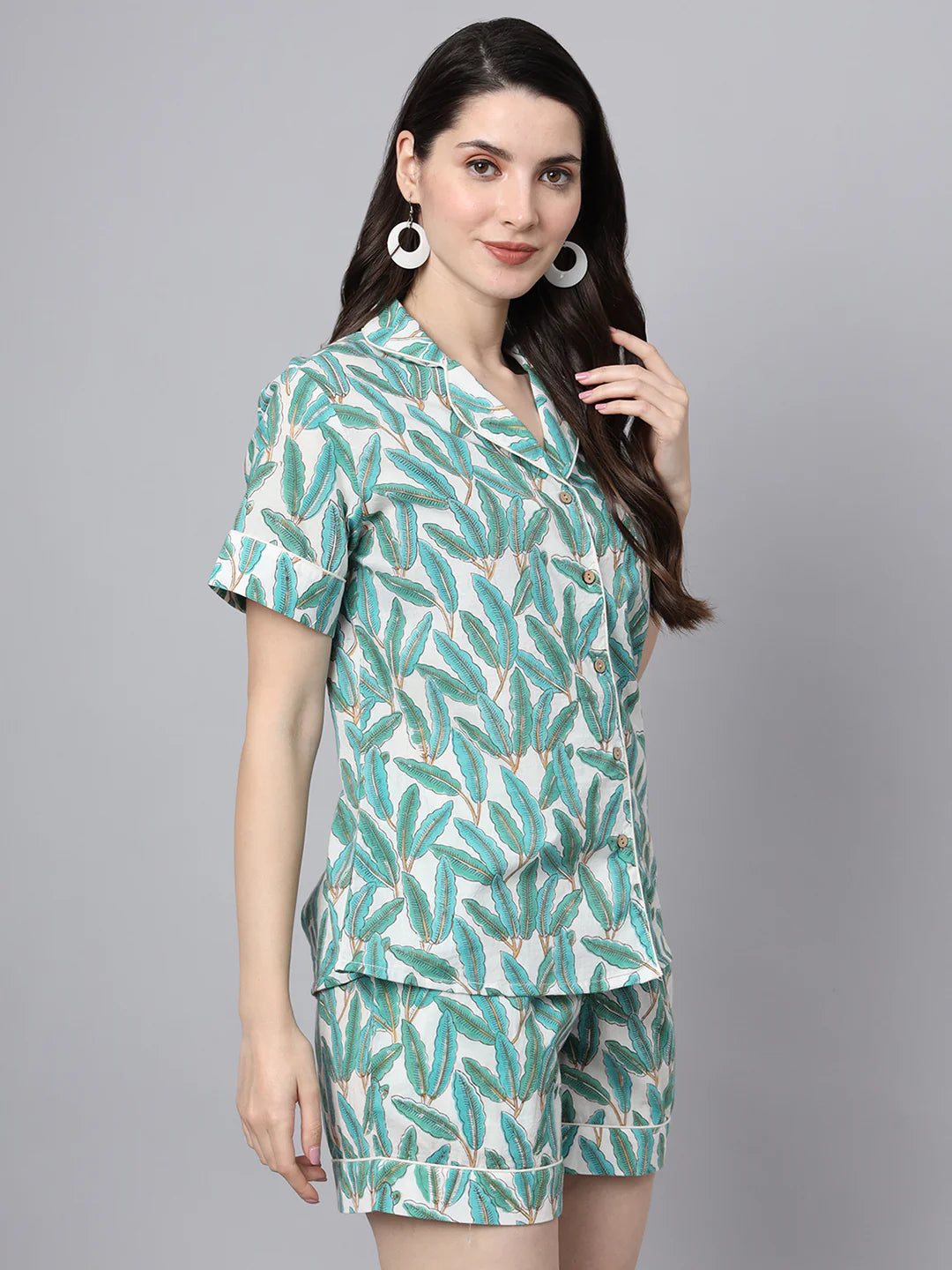 100% Cotton Mint Printed Shirt & Shorts Night Set for Women