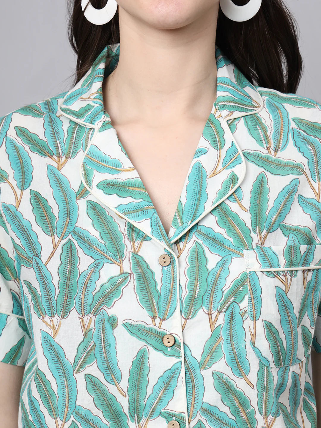 100% Cotton Mint Printed Shirt & Shorts Night Set for Women