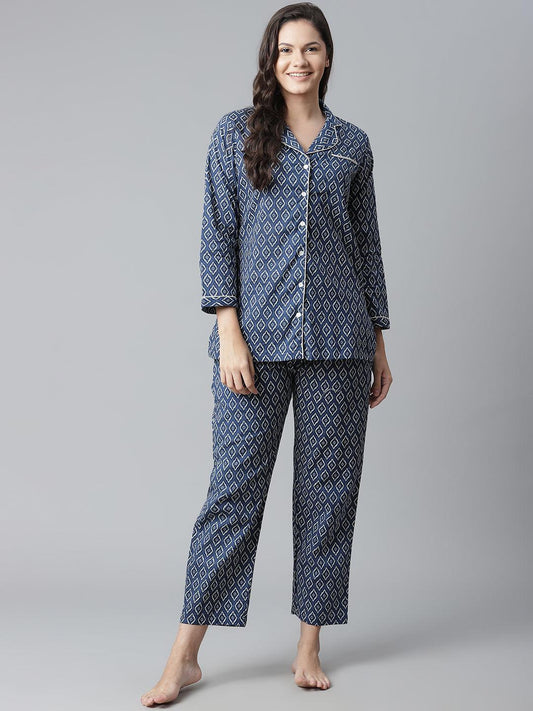 100% Cotton Indigo Mosaic Printed Full Length Night Suit