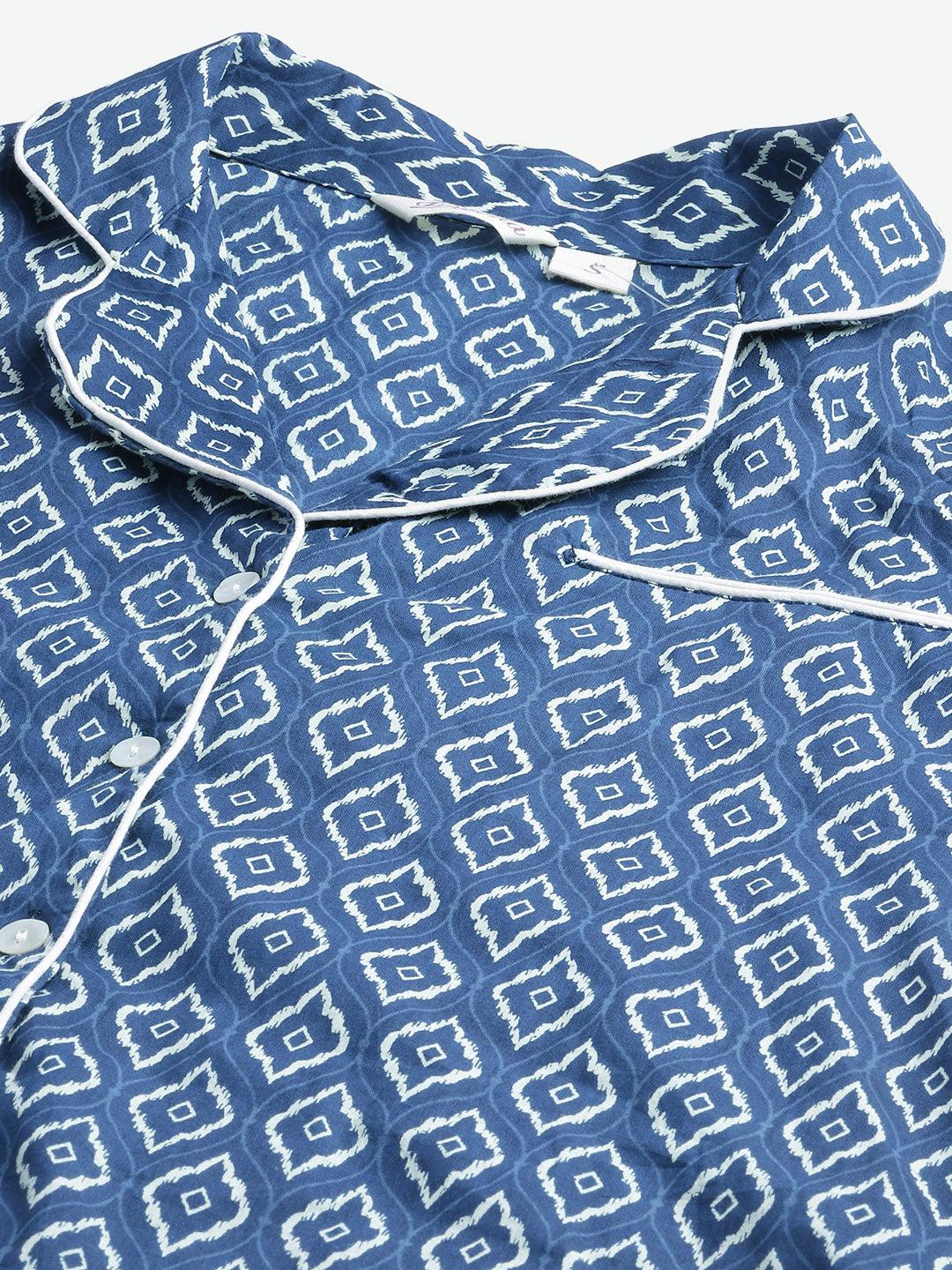 100% Cotton Indigo Mosaic Printed Full Length Night Suit