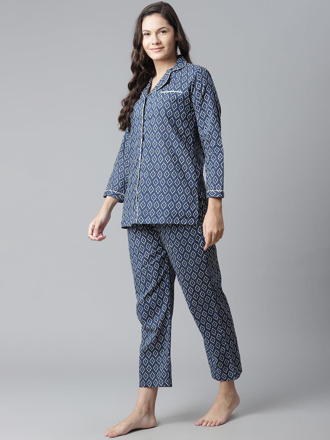 100% Cotton Indigo Mosaic Printed Full Length Night Suit