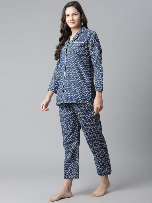 100% Cotton Indigo Mosaic Printed Full Length Night Suit