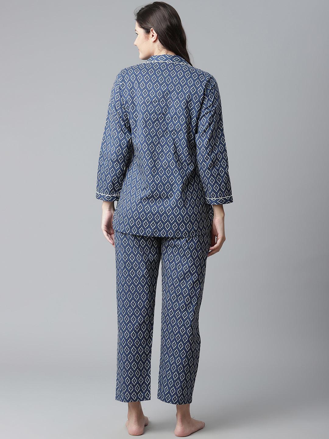 100% Cotton Indigo Mosaic Printed Full Length Night Suit