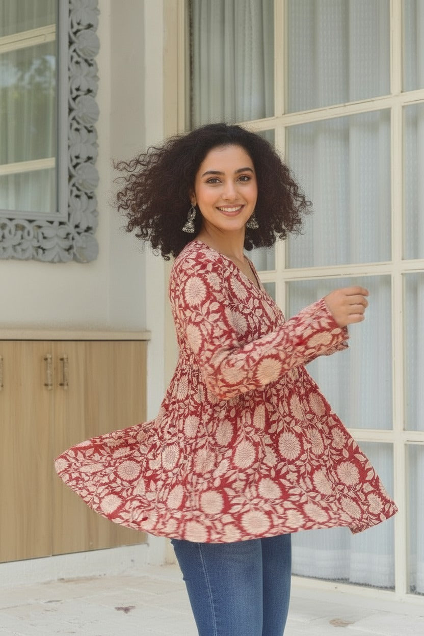 Red Sunflower Printed Cotton Short Kurti with Full Sleeves