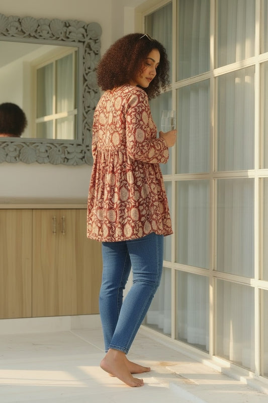 Red Sunflower Printed Cotton Short Kurti with Full Sleeves